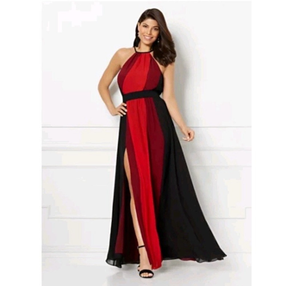 Eva Mendes Women Large Halter Maxi Dress‎ Black Red Flowy Chiffon A-line